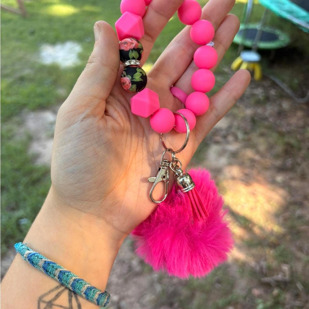 Pink Beaded Keychain with Floral Accents